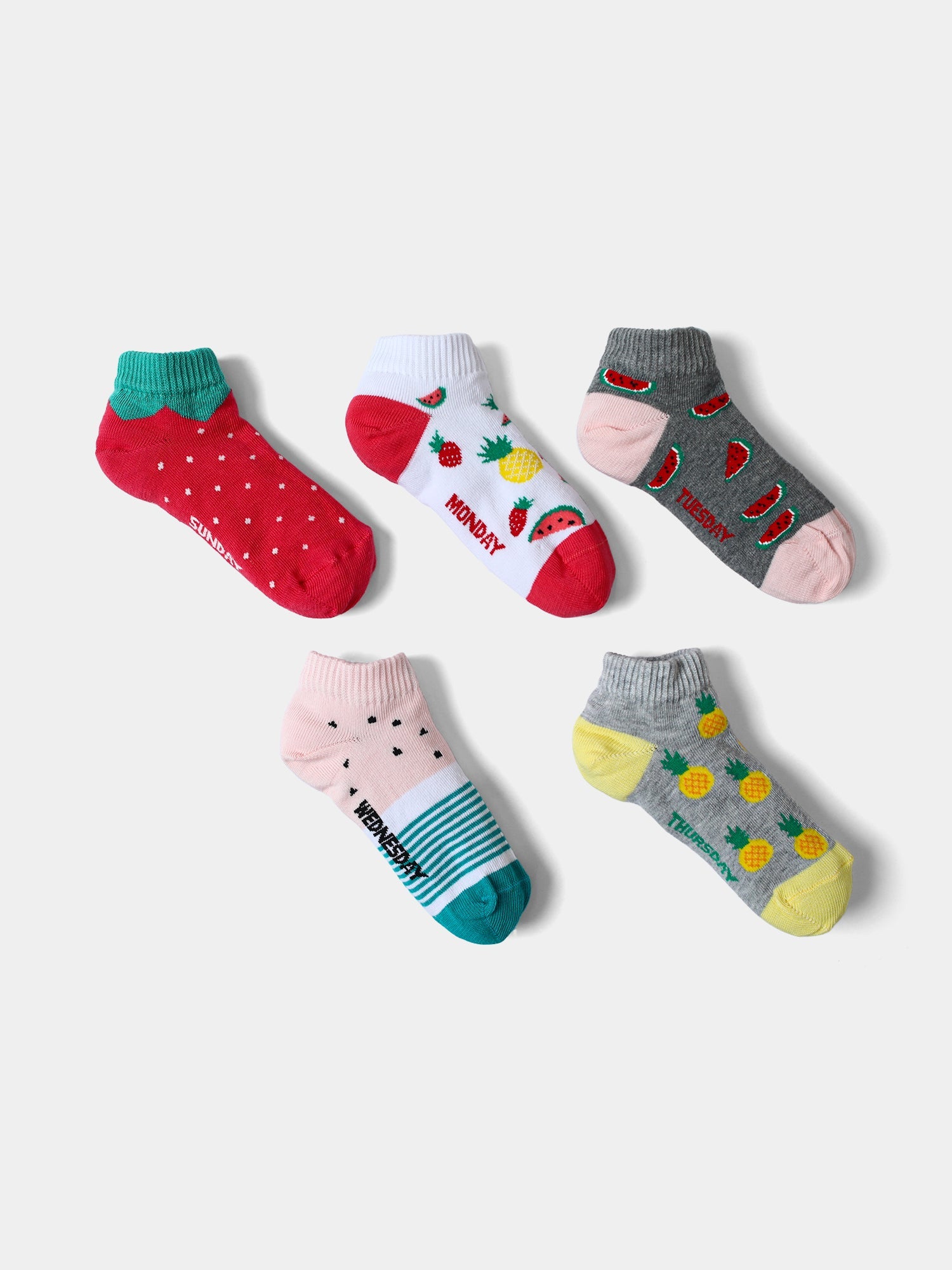 Chaussettes courtes pour filles avec motifs fruités et jours de la semaine, lot de 5 - SOK24GAAE71468MG1