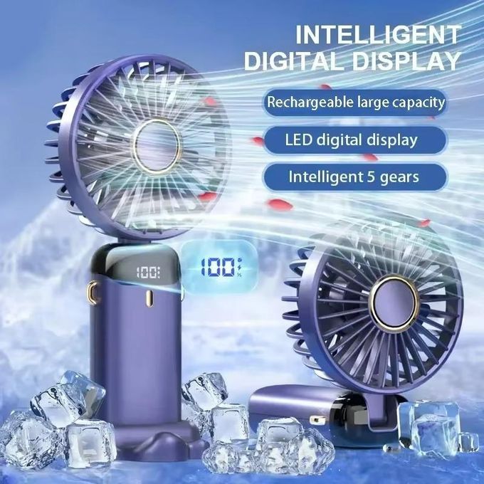 Mini Ventilateur Portable Rechargeable 3000mAh avec Écran LED, USB Pliable 3-en-1 à 5 Vitesses – Utilisation Main, Cou ou Bureau pour Voyage, Été, Bureau ou Maison