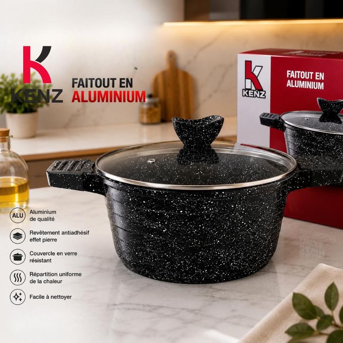 Kenz Faitout en Aluminium 20 cm Couvercle en Verre et Revêtement Granit Antiadhésif