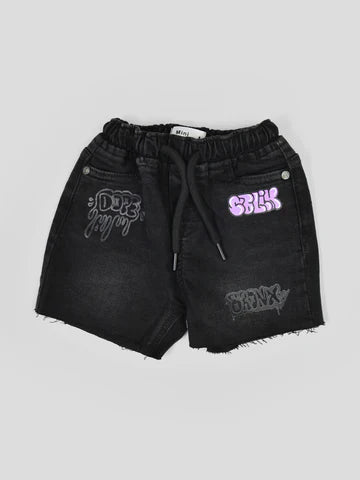 Short garçon noir effet denim avec taille élastique et imprimés - SHR24SDPP75421MN1