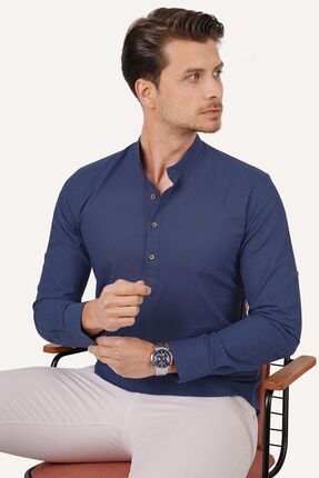 Hakim Yaka İndigo Slimfit Keten Hediye Kutulu Göml - Justyol