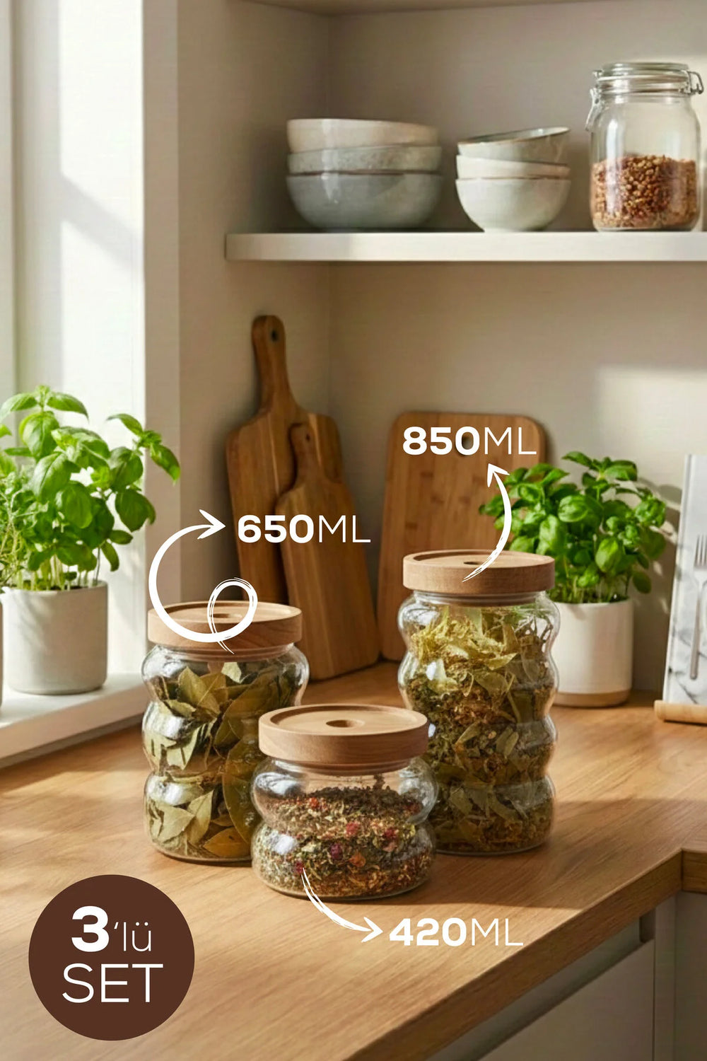 Set de 3 bocaux en verre ondulé avec couvercles en bois – Rangement élégant pour cuisine