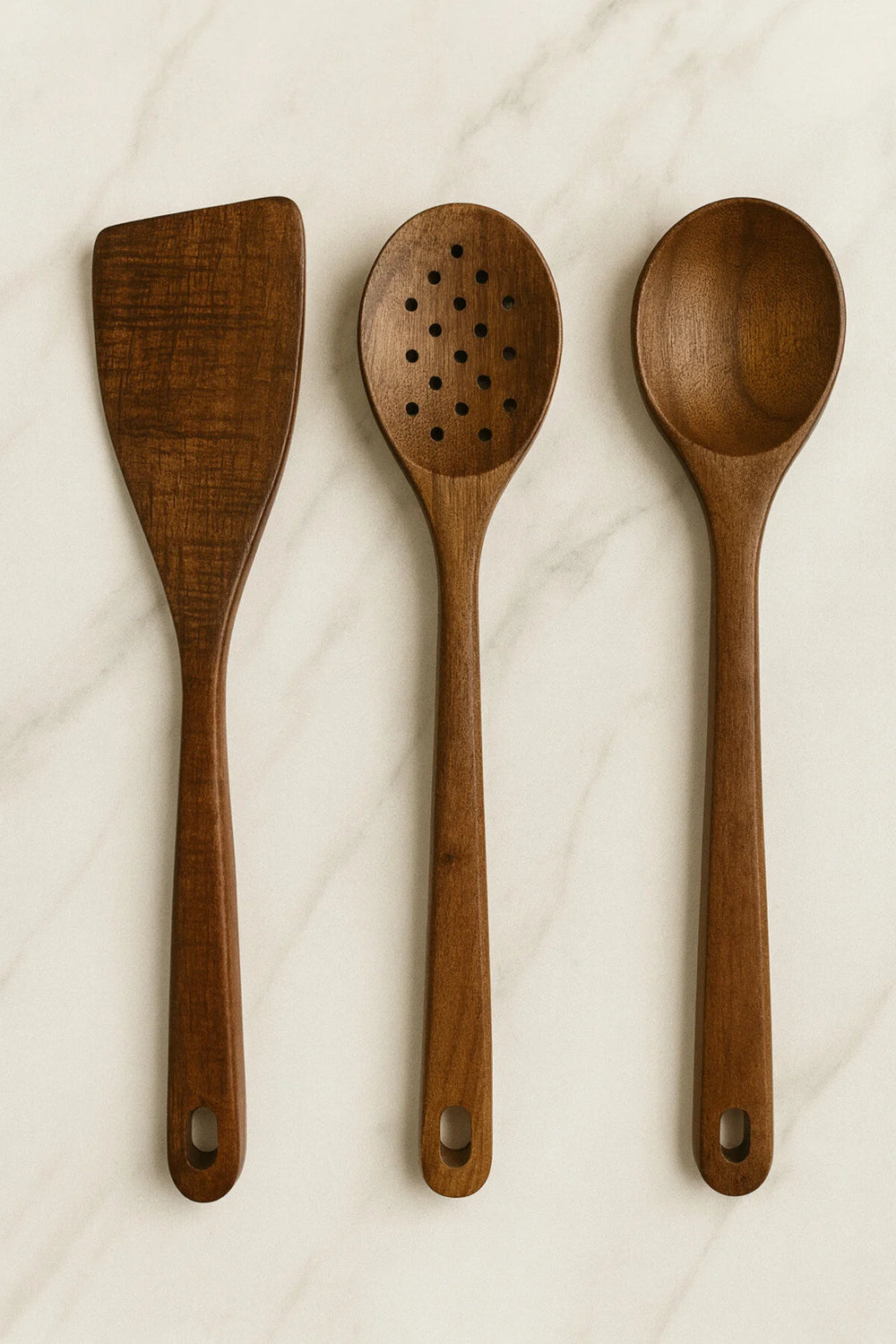Set de Service en Bois d’Acacia 3 Pièces – Cuillère, Spatule et Louche de Cuisine
