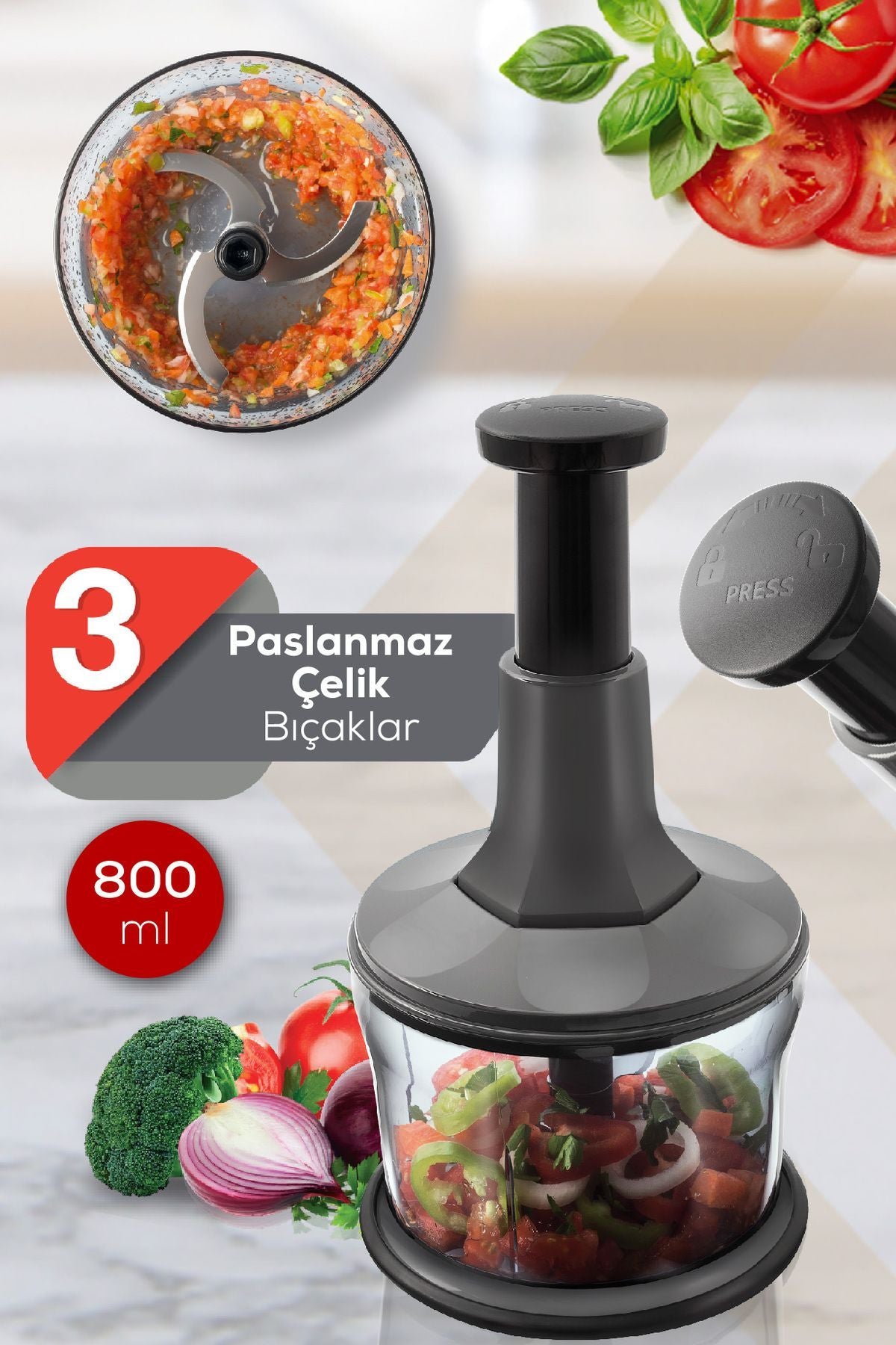 <tc>Hachoir manuel pratique à pression avec lame en acier inoxydable – 800 ml</tc>