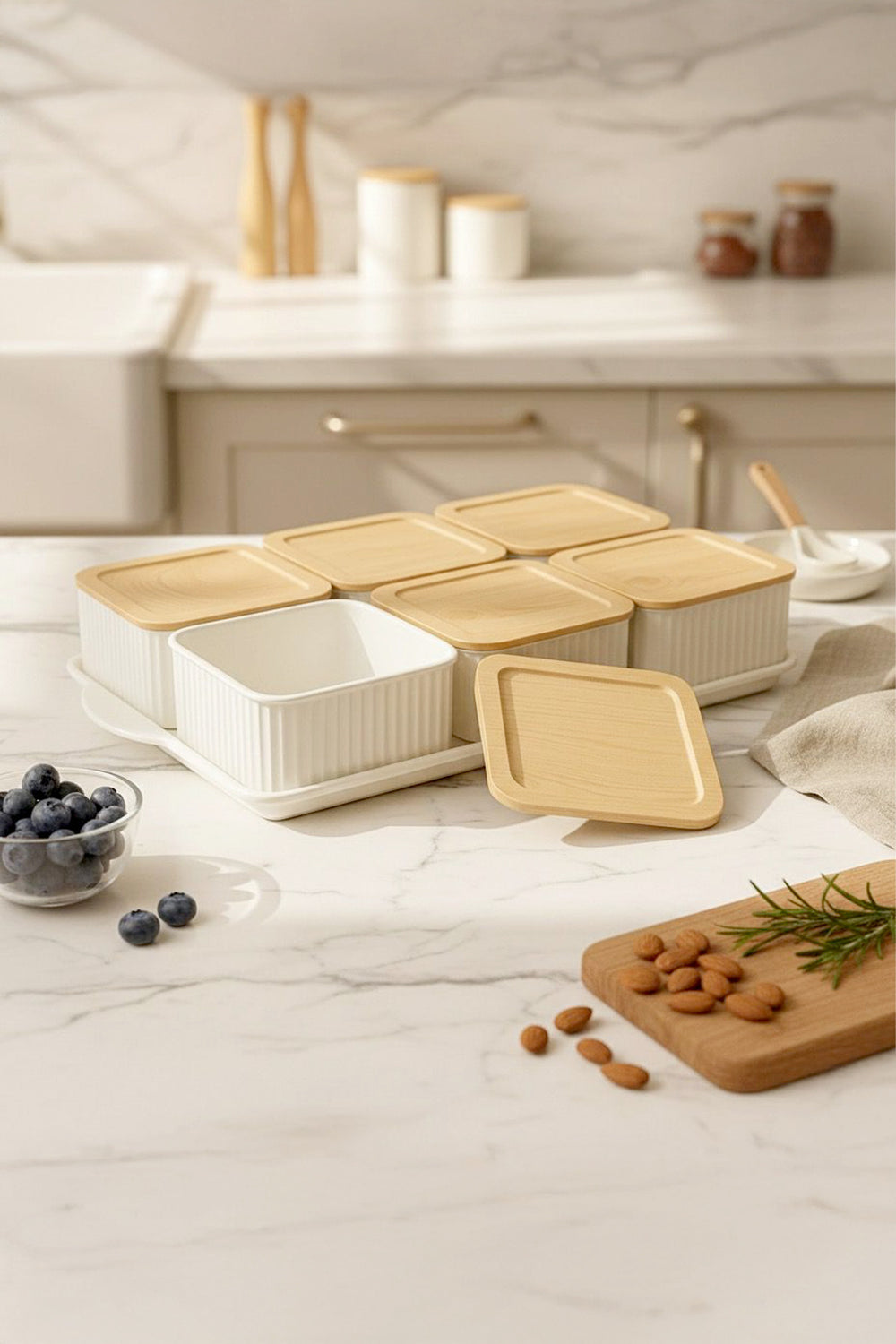Set Petit-Déjeuner Carré Effet Bambou avec Plateau – Ensemble de 7 Pièces avec Bols de Rangement