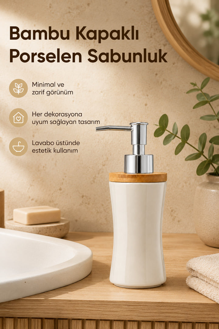 Distributeur de Savon Liquide en Porcelaine 300 ml avec Couvercle en Bambou