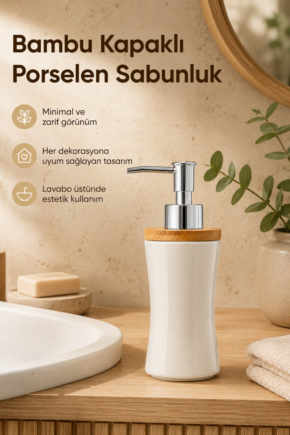 Distributeur de Savon Liquide en Porcelaine 300 ml avec Couvercle en Bambou