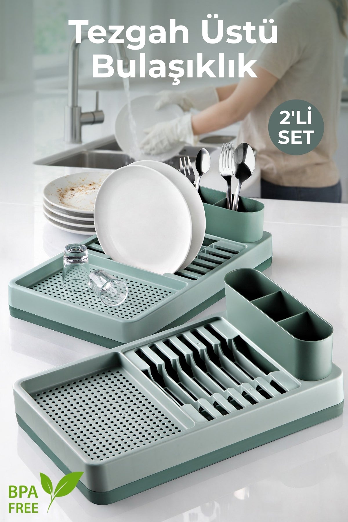 Set de 2 Égouttoirs à Vaisselle Compacts avec Porte-Couverts