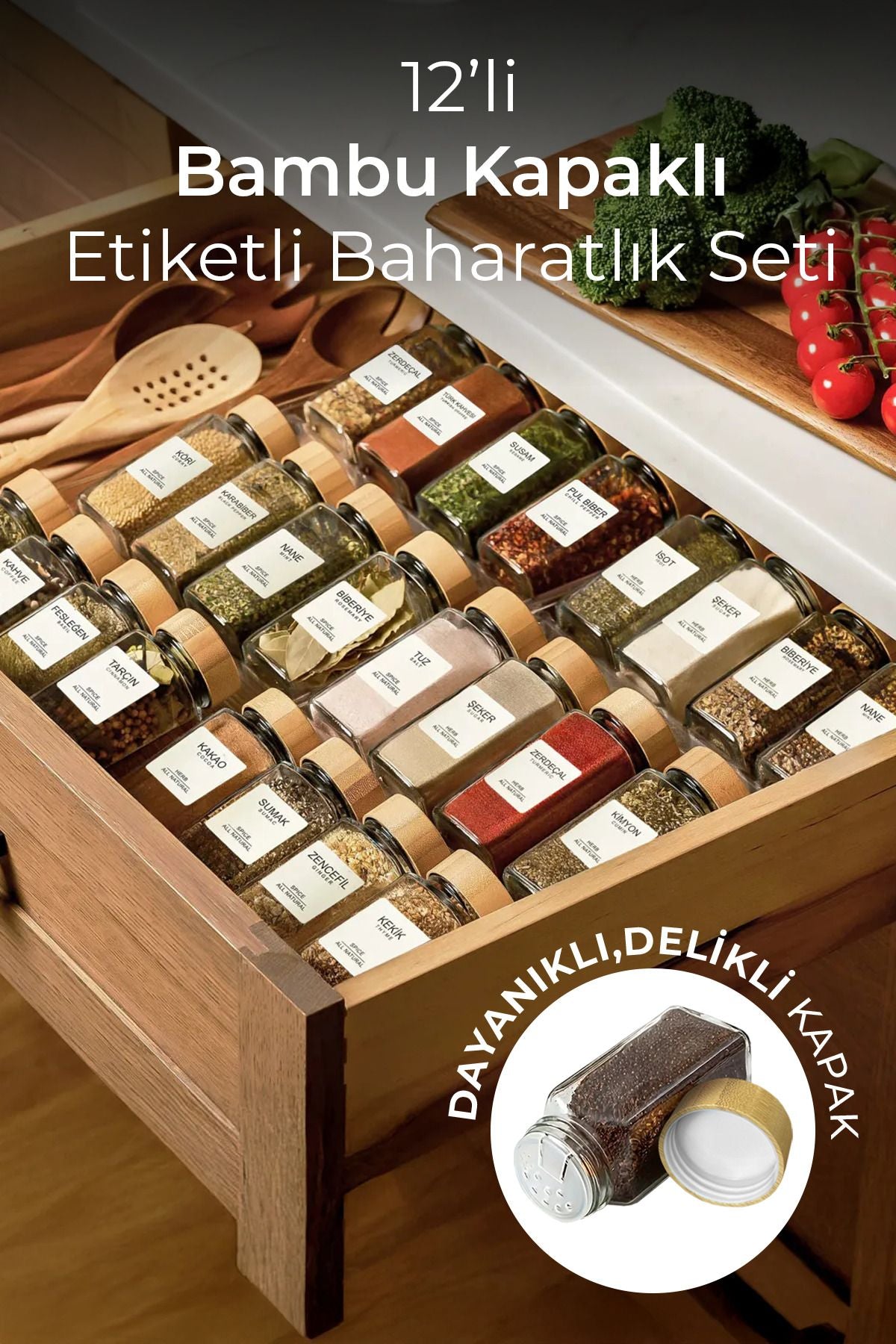 12'li Etiketli Bambu Kapaklı Cam Baharatlık Seti – Kare Şişe Takımı 120 ml JHome