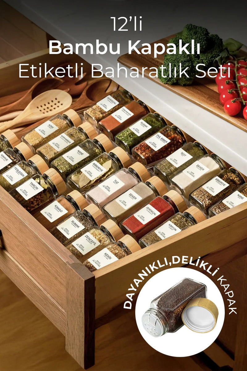 Set de 12 pots à épices en verre avec étiquettes et couvercles en bambou – Flacons carrés 120 ml