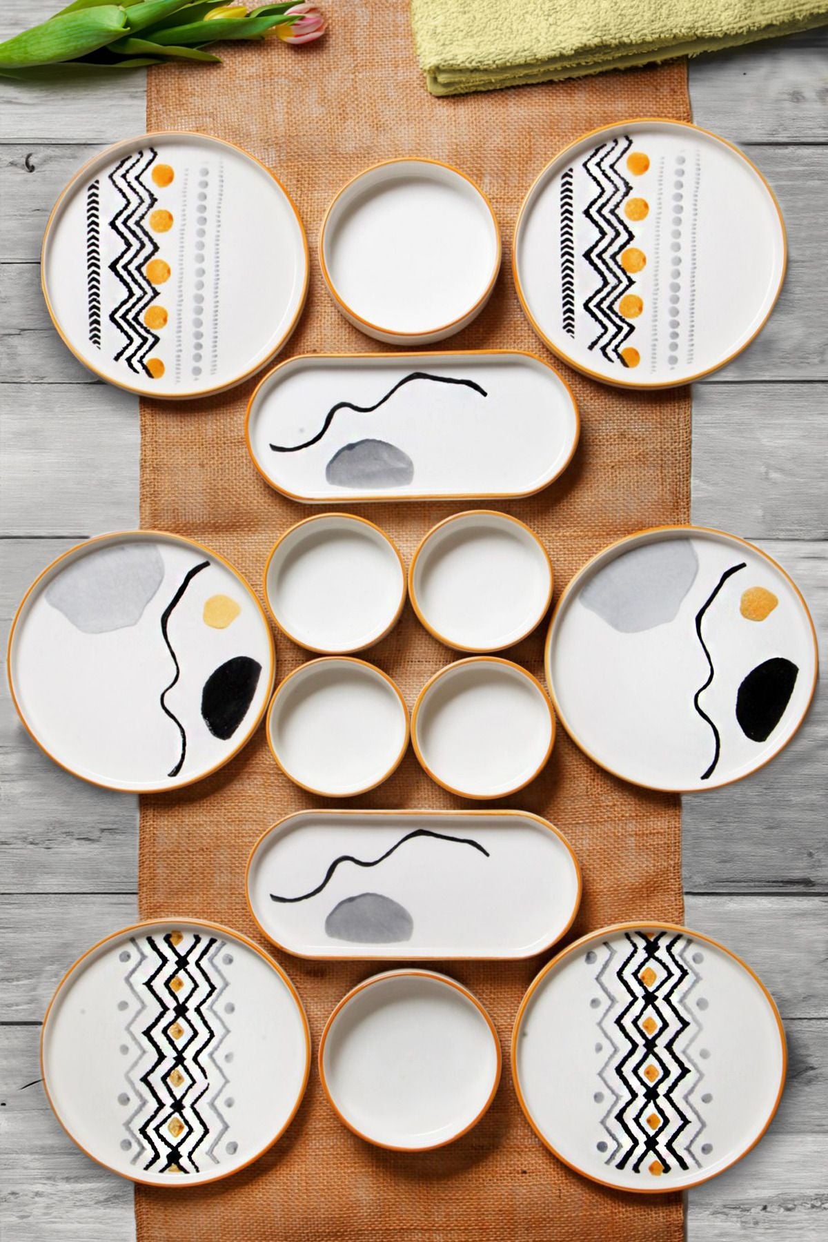 14 Parça 6 Kişilik Axial Stackable Kahvaltı Takımı - Lüx Kahvaltılık Sunum Seti Tabağı - Justyol