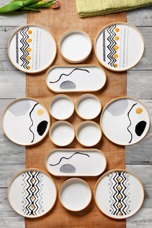 14 Parça 6 Kişilik Axial Stackable Kahvaltı Takımı - Lüx Kahvaltılık Sunum Seti Tabağı - Justyol