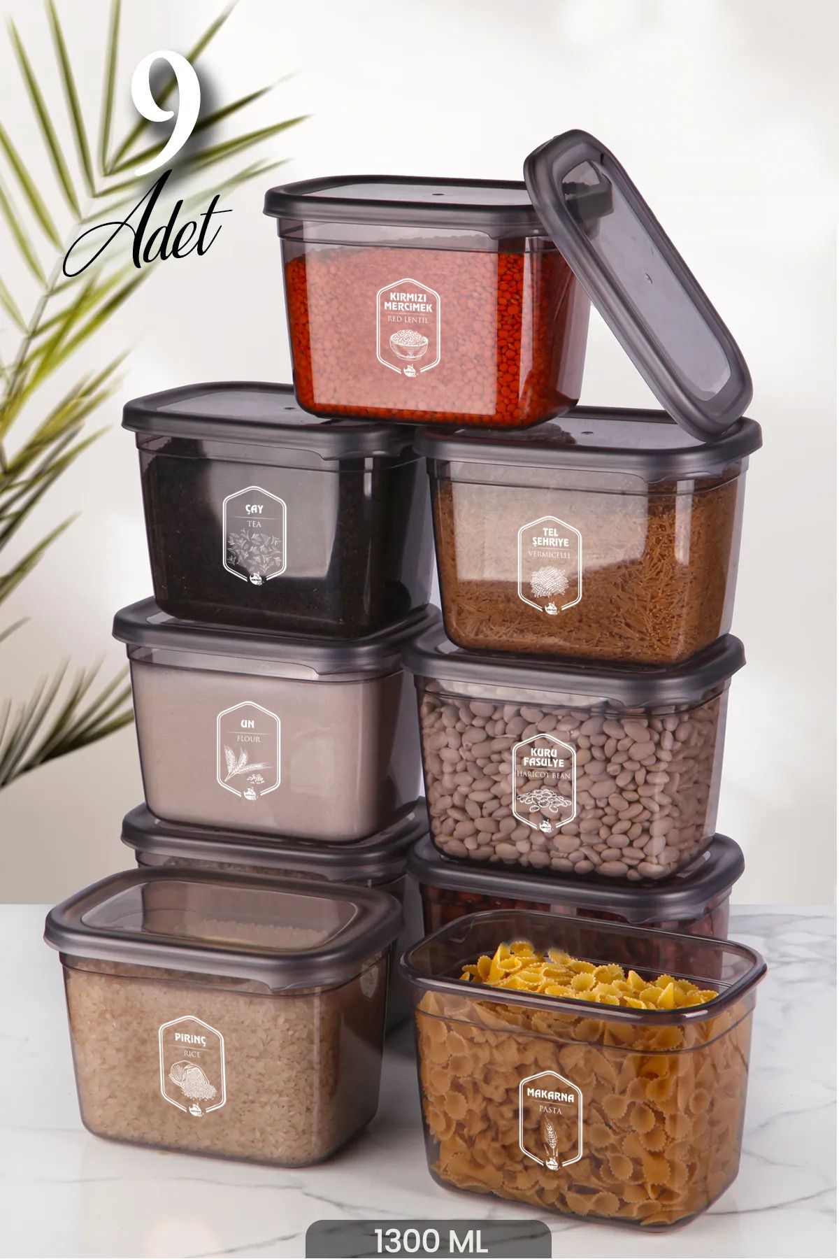 <tc>Set de 9 Boîtes de Rangement Rectangulaires Étiquetées Moly de 1300 ml avec Couvercle - Boîtes à Petit-Déjeuner, Multisets Possibles</tc>