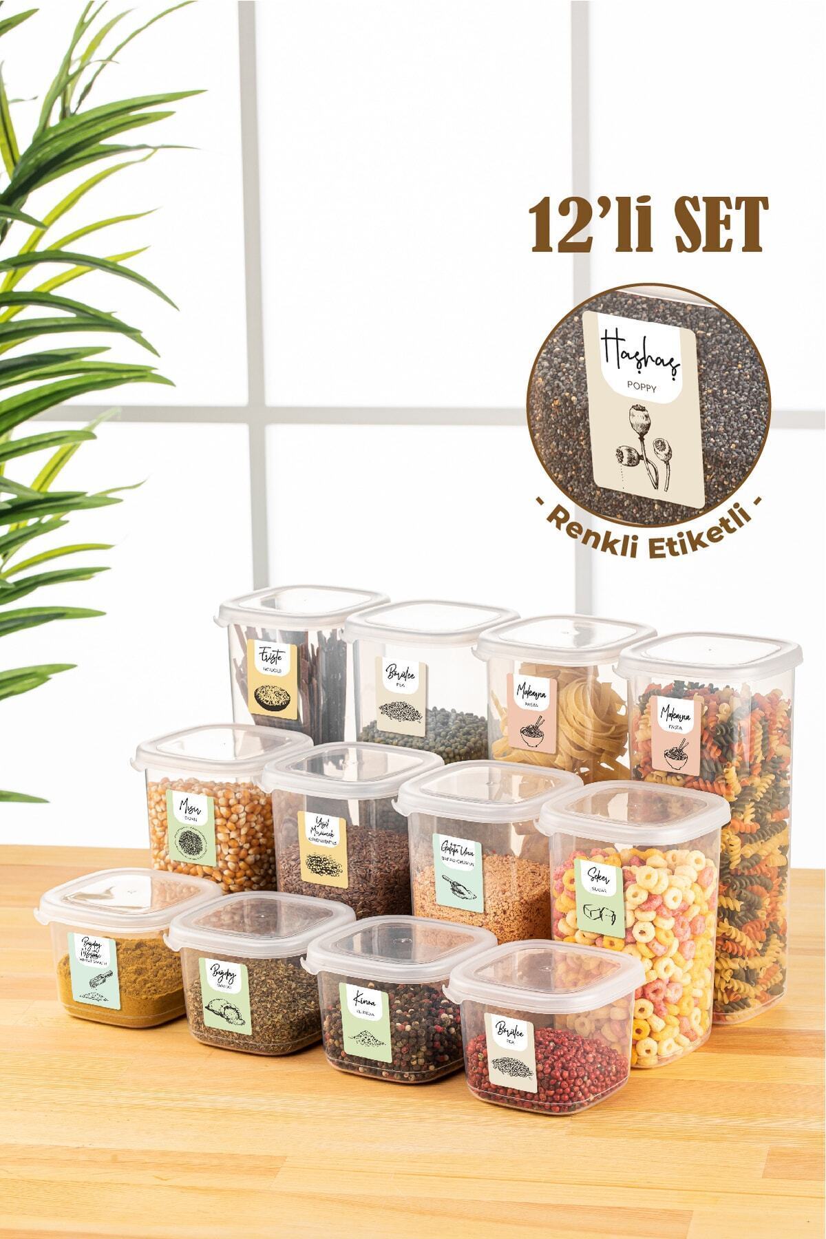 <tc>Lot de 12 boîtes de conservation alimentaires carrées Peggy avec étiquettes colorées – 4x (0,55 L, 1,2 L, 1,75 L) – blanc</tc>