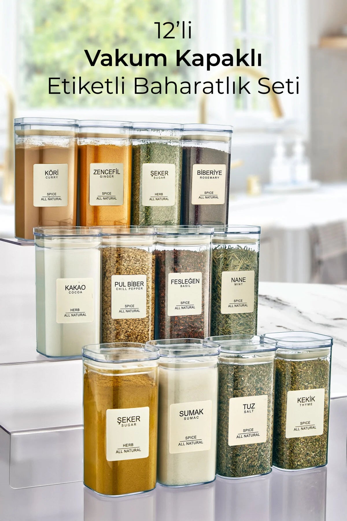 Set de 12 pots à épices carrés 300 ml avec couvercles hermétiques