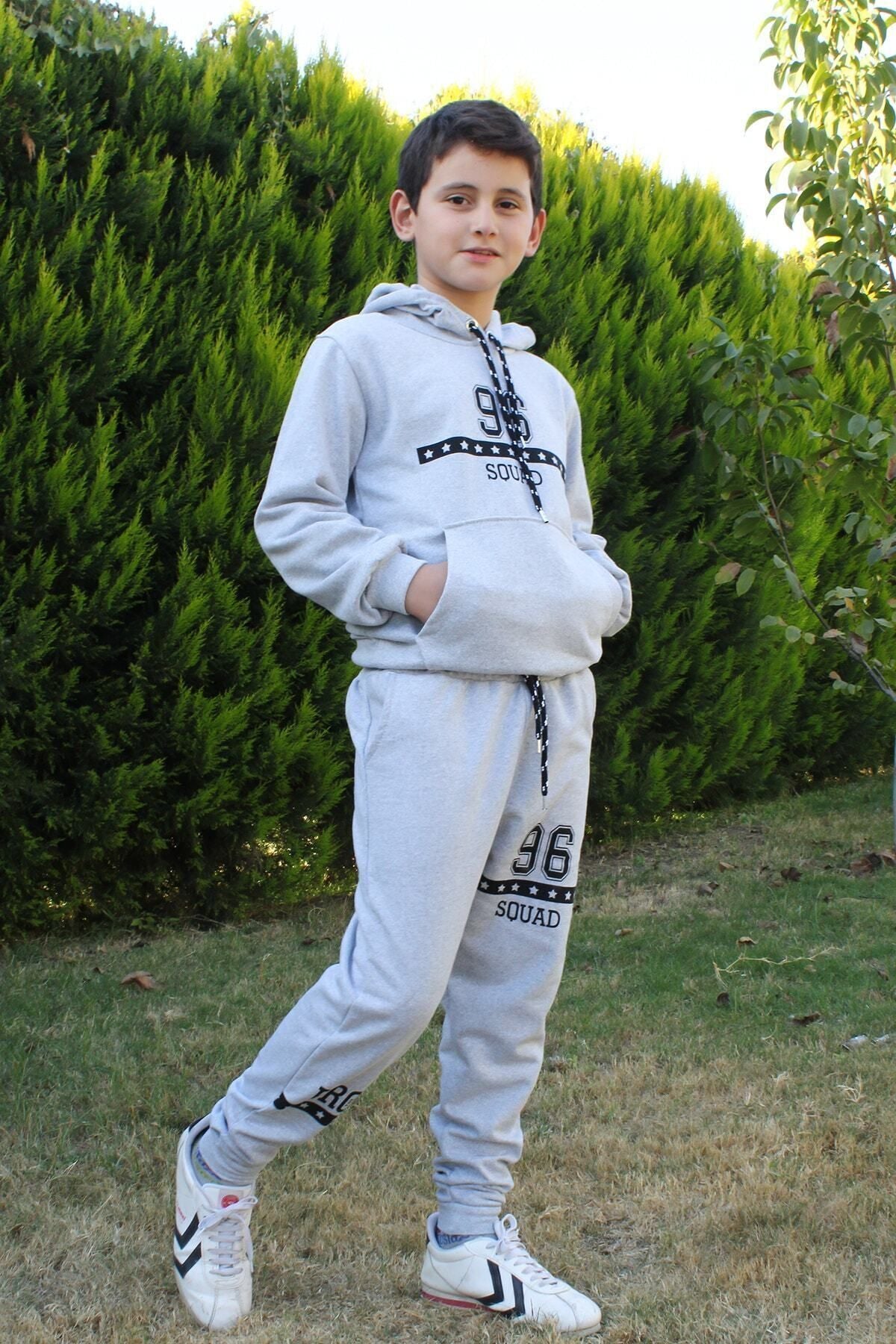 FYK KİDS 96 Text Printed Kangaroo Pocket Hooded Boy's Tracksuit Set