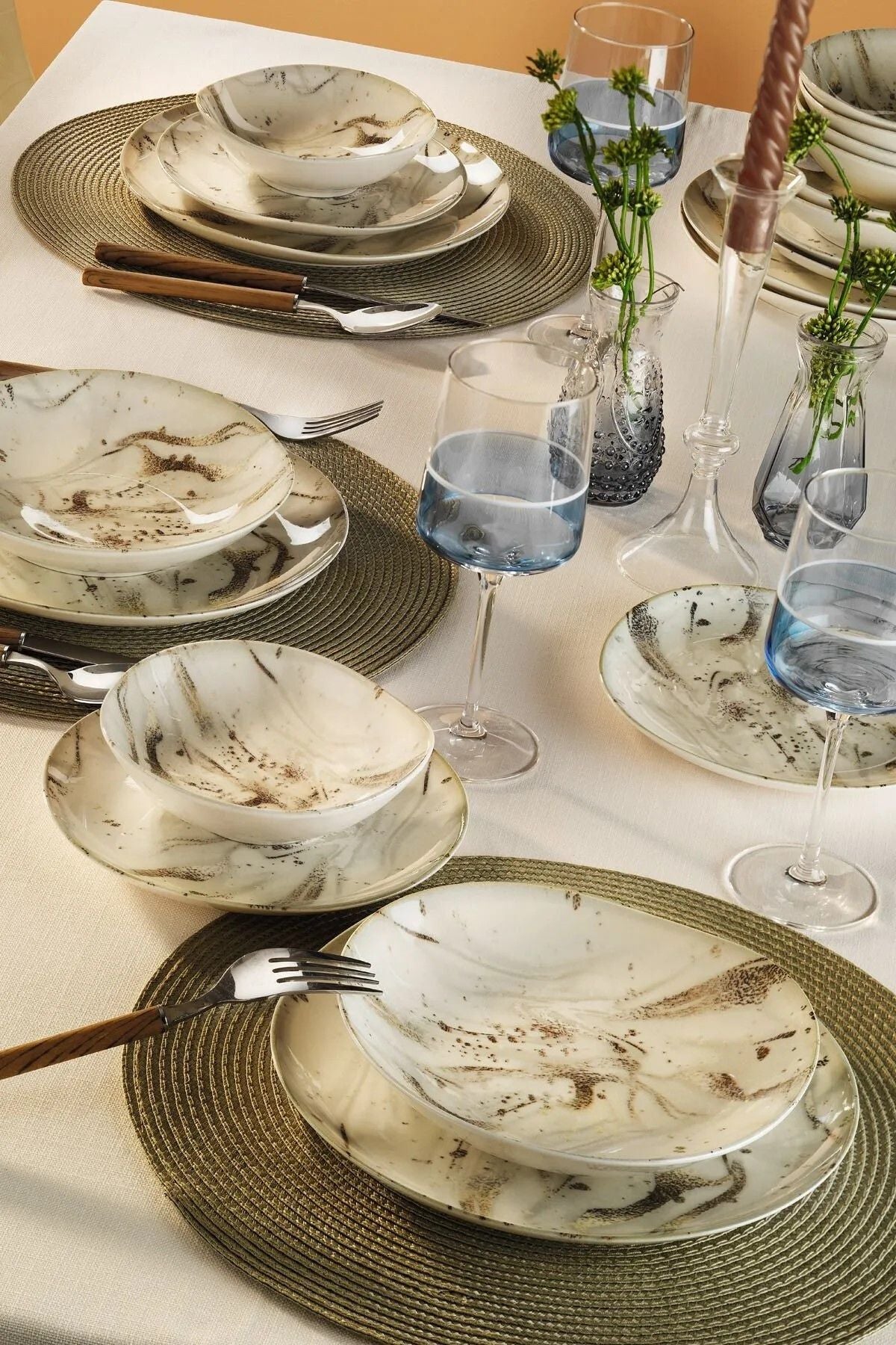 Roden 24 Parça 6 Kişilik Porselen Yemek Takımı - Pasta , Çorba ,Yemek , Servis Tabağı - Mystic Marble - Justyol