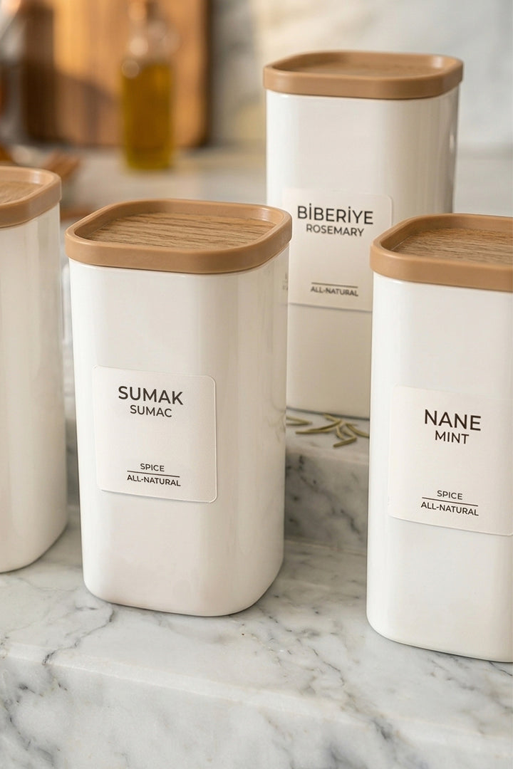 Set de 6 Pots à Épices 350 ml – Bocaux Hermétiques avec Étiquettes, Effet Bois