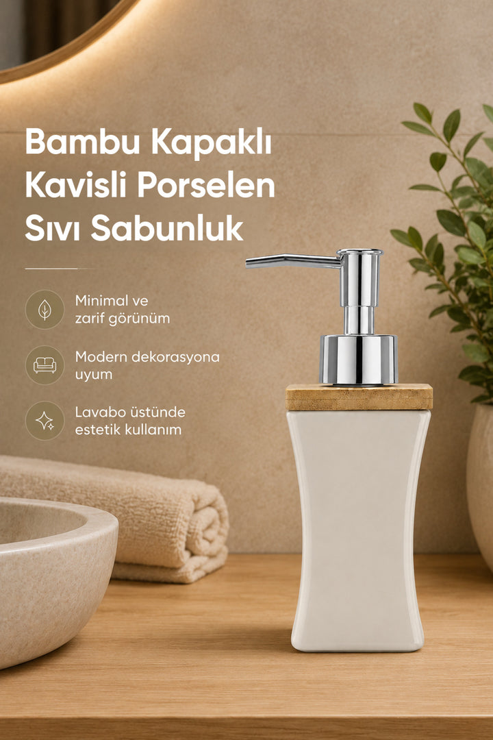 Distributeur de Savon Liquide en Porcelaine 280 ml avec Couvercle en Bambou