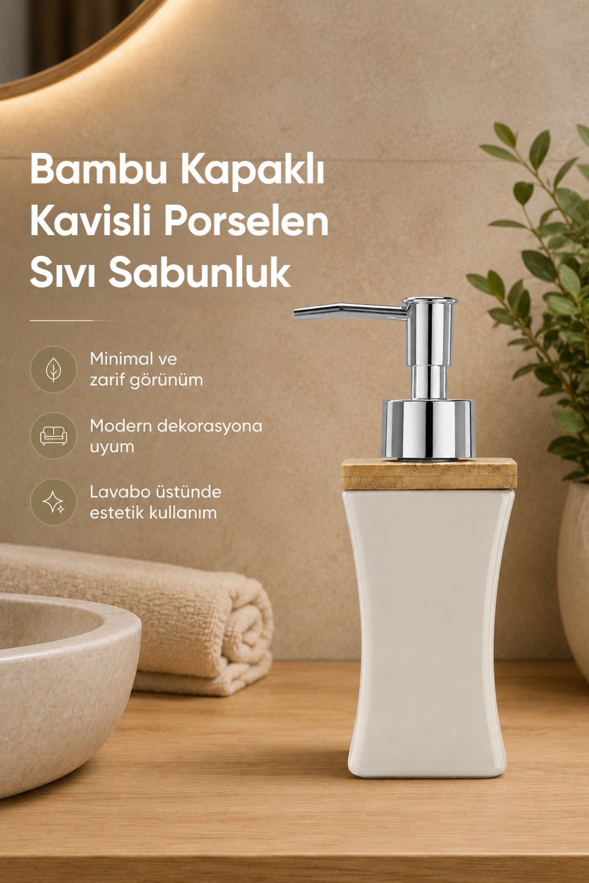Distributeur de Savon Liquide en Porcelaine 280 ml avec Couvercle en Bambou