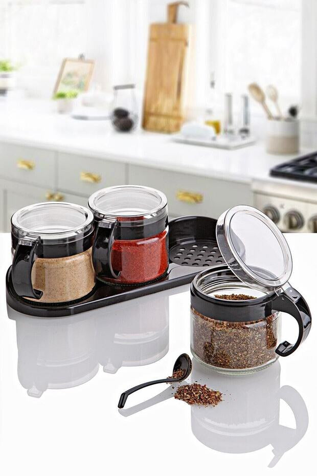 Lot de 3 Pots à Épices en Verre 300 ml avec Support et Cuillères