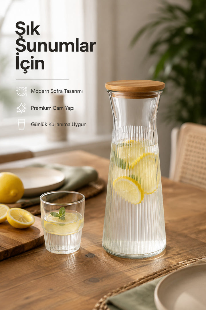 Carafe en Verre 1100 ml avec Couvercle en Bois – Pichet & Vase Multifonction