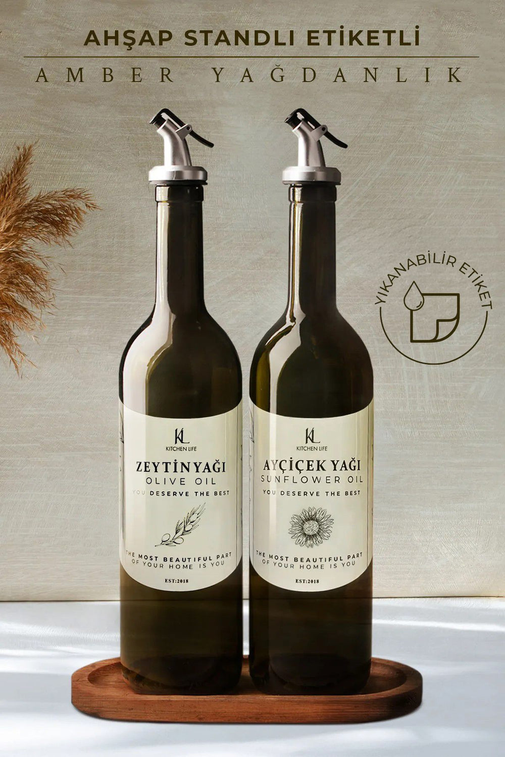 Set de 2 bouteilles d’huile en verre 750 ml avec support en bois