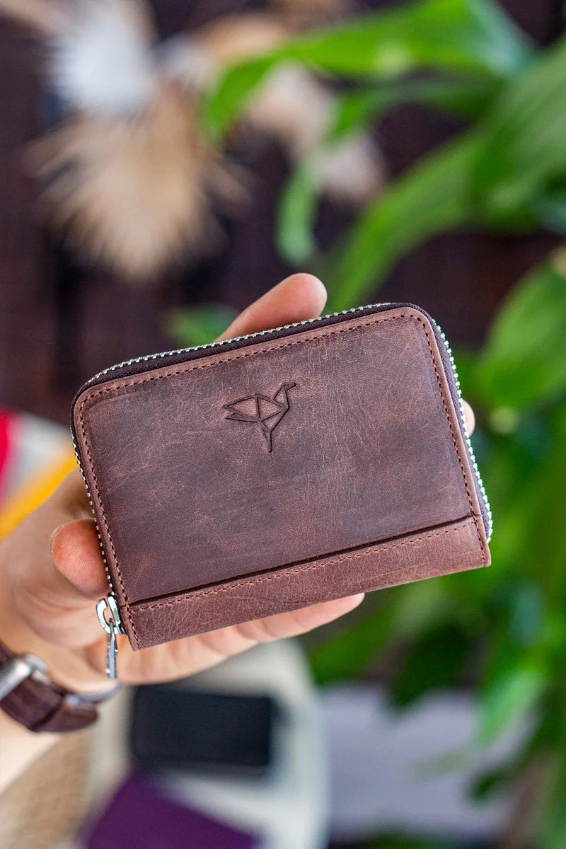 Portefeuille unisexe en cuir véritable Crazy Leather zippé avec porte-monnaie – Taba Sydney