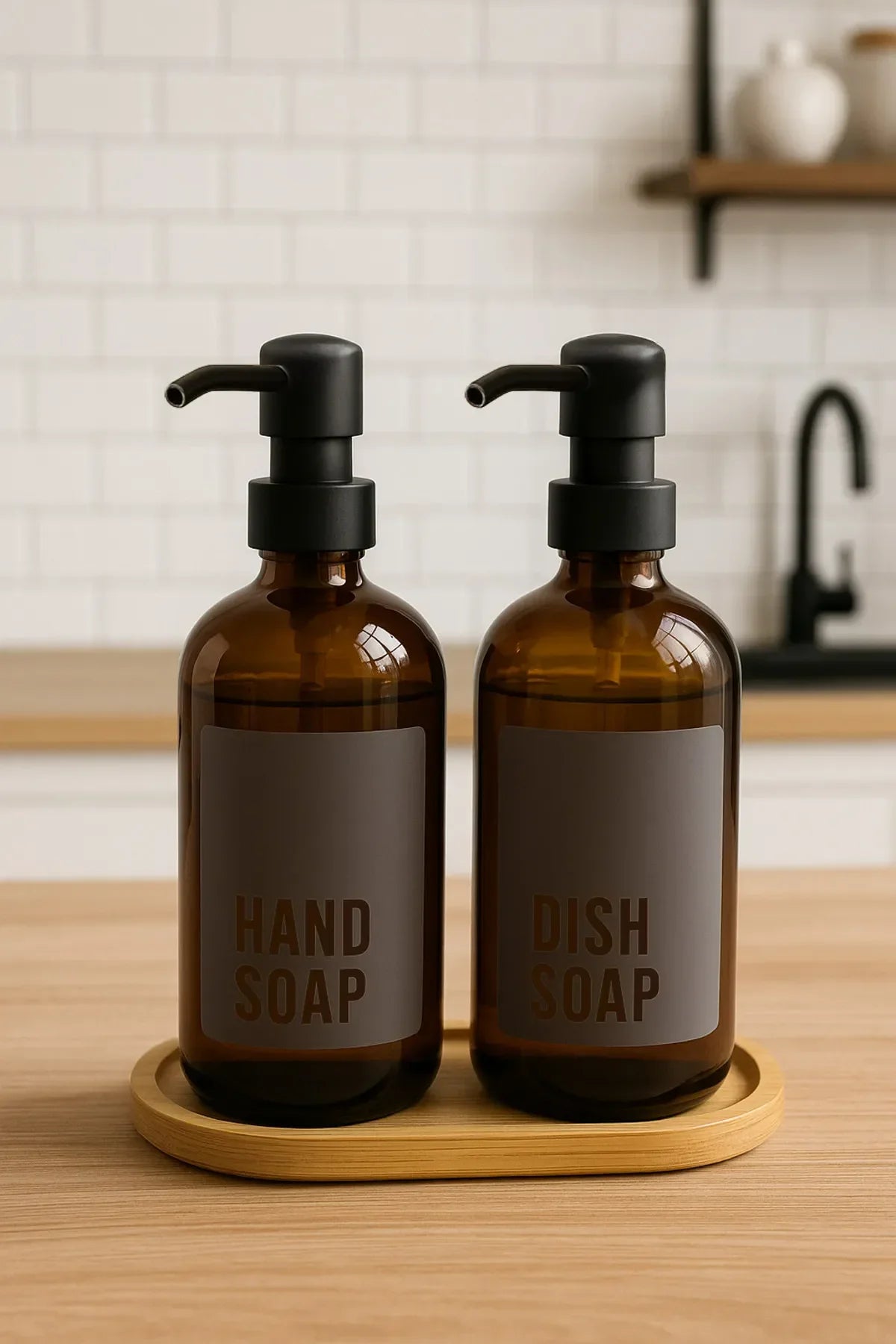 <tc>Ensemble de 2 distributeurs de savon liquide en verre ambré de 500 ml avec support en bambou</tc>
