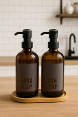 <tc>Ensemble de 2 distributeurs de savon liquide en verre ambré de 500 ml avec support en bambou</tc>