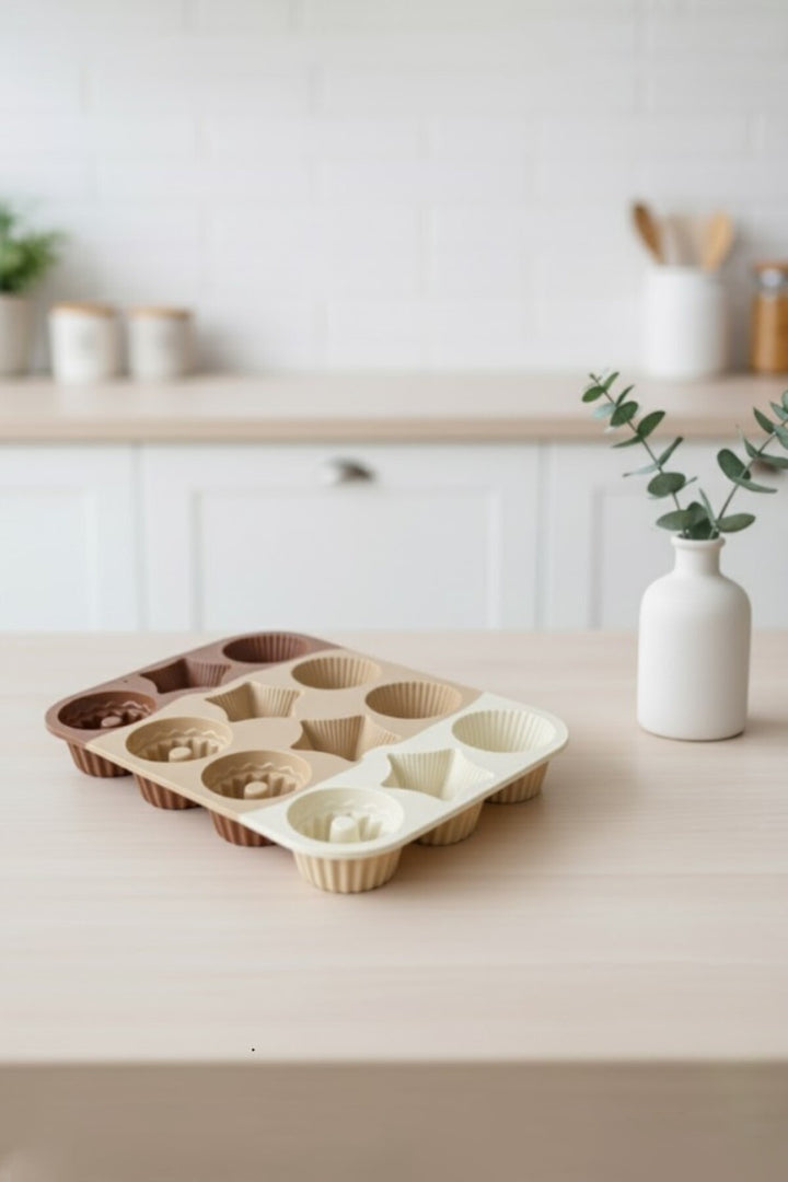 Moule à Cupcakes en Silicone 12 Cavités – Set de Moules pour Gâteaux et Biscuits, Usage Polyvalent