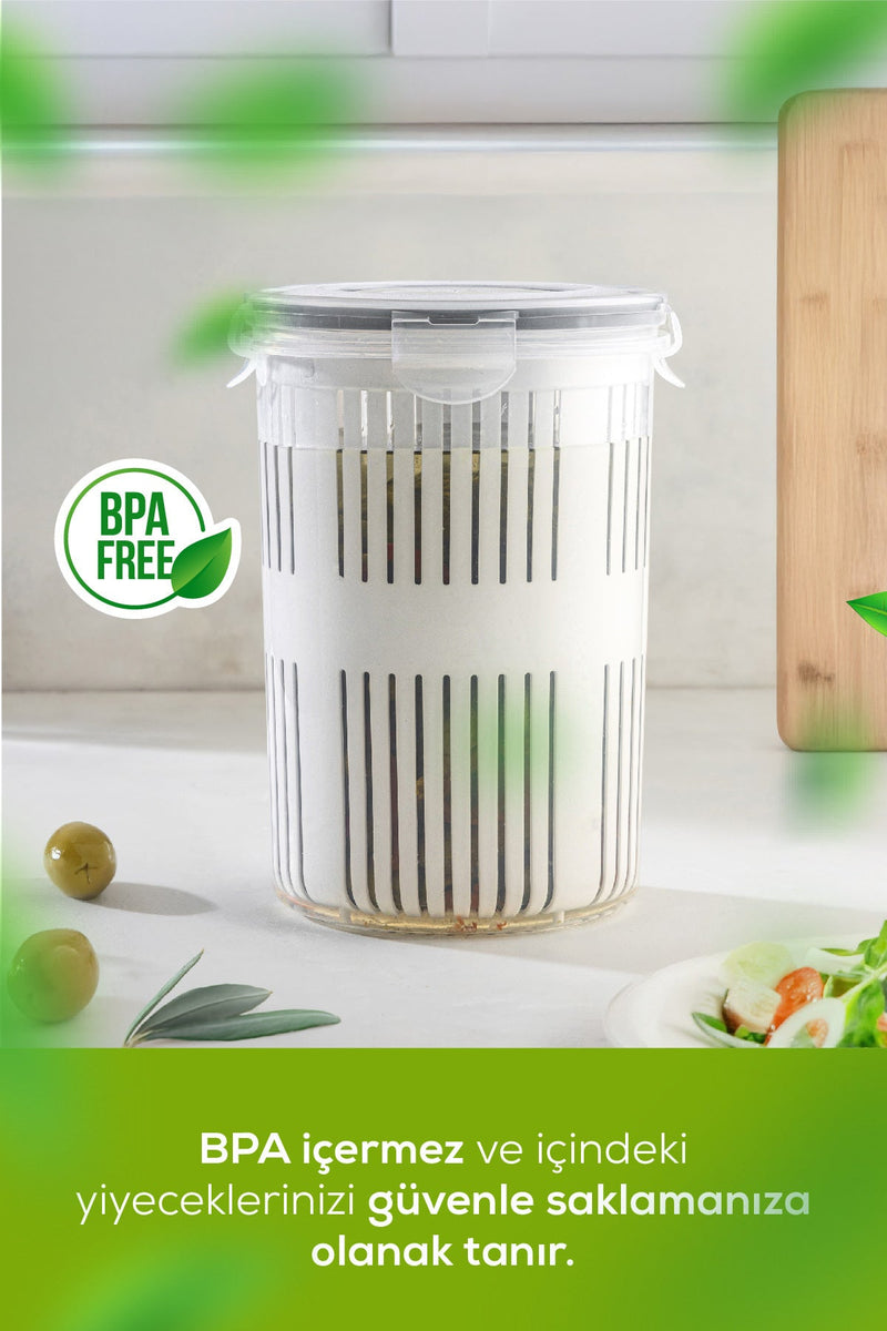 Boîte de rangement avec égouttoir pour olives et pickles – 1,5 litre