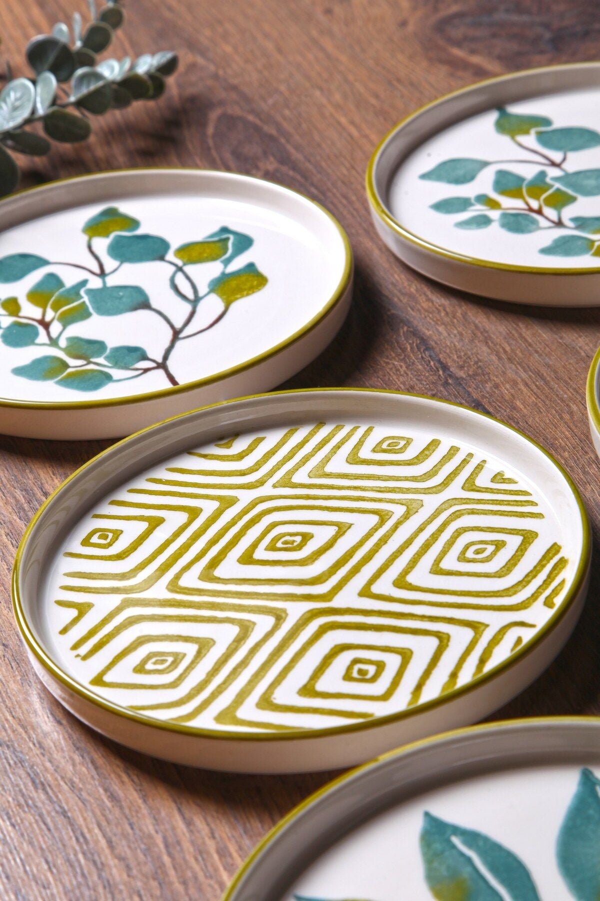 6'lı Özel Tasarım Handmade 16 cm Stackable Güz Yaprak Pasta Tabak Seti - Tatlı Tabağı Seti - Justyol