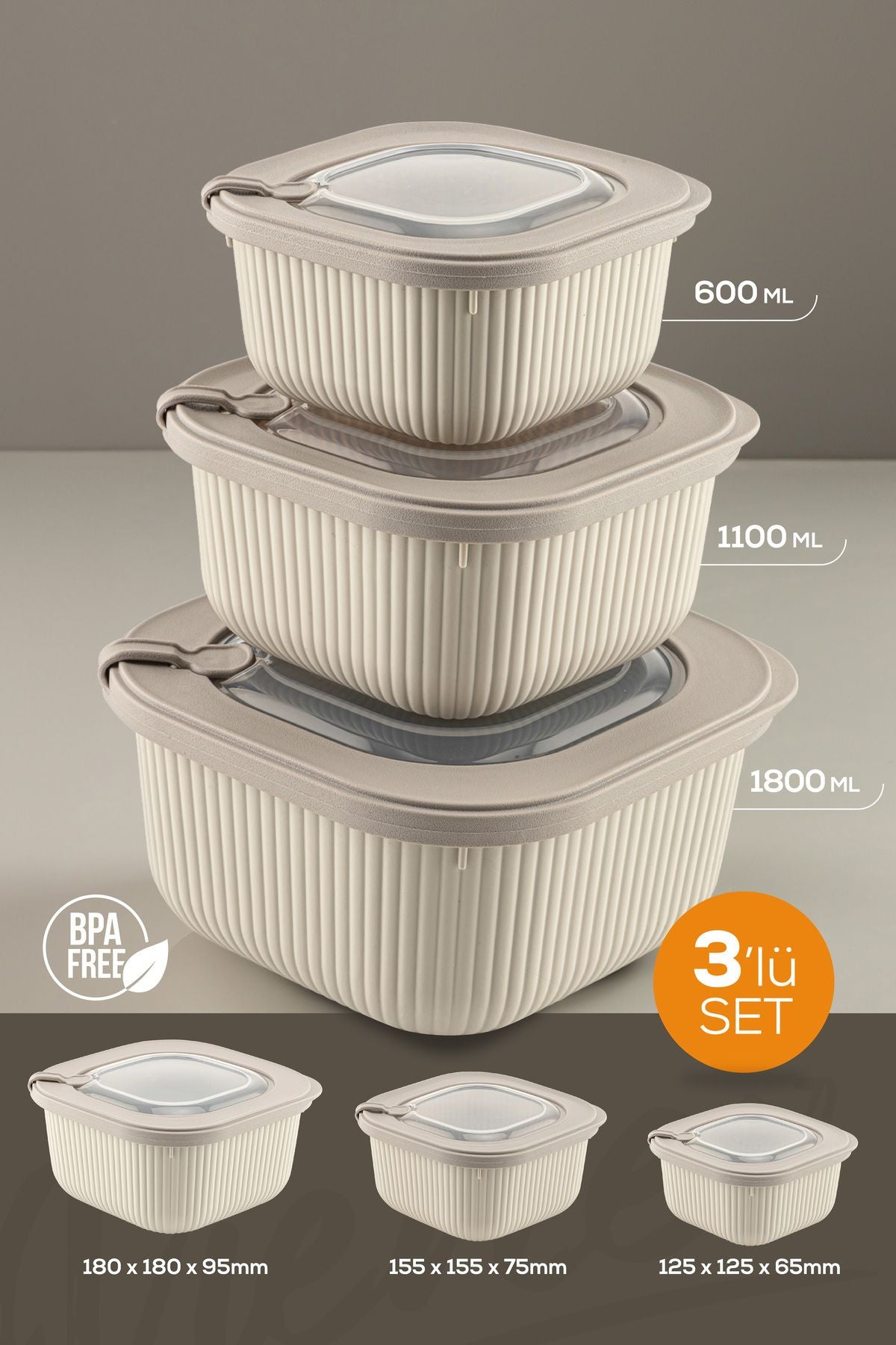 <tc>Set de 3 boîtes de conservation spéciales avec couvercles VIP – adaptées au micro-ondes et au congélateur – beige</tc>