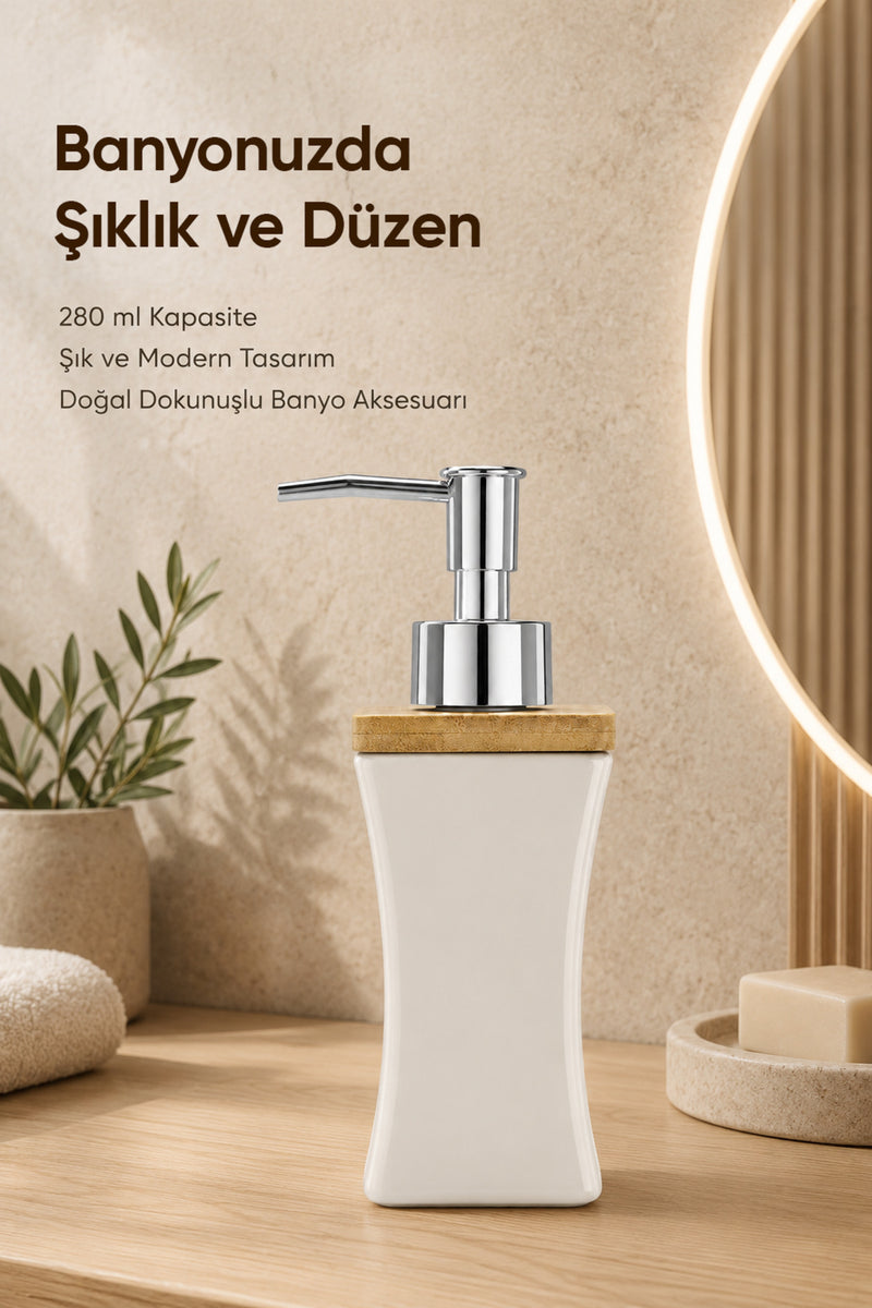 Distributeur de Savon Liquide en Porcelaine 280 ml avec Couvercle en Bambou