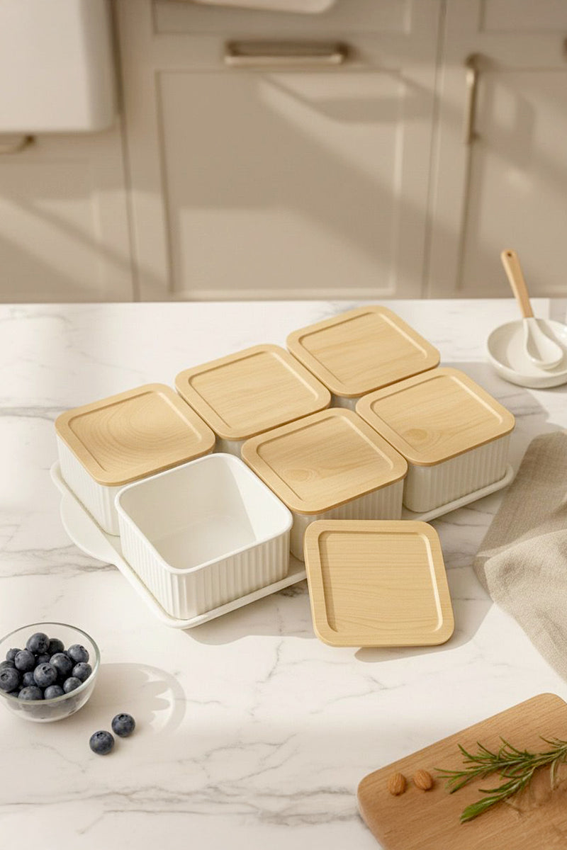 Set Petit-Déjeuner Carré Effet Bambou avec Plateau – Ensemble de 7 Pièces avec Bols de Rangement
