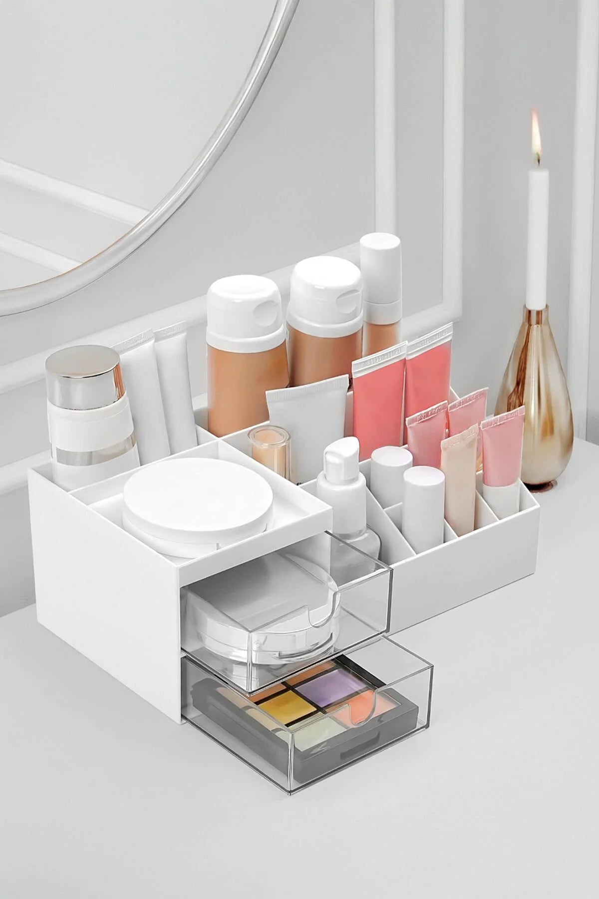 <tc>Organisateur de bureau, cosmétiques et maquillage à 3 niveaux avec 2 tiroirs / boîte de rangement de bijoux et maquillage pour bureau ou coiffeuse</tc>