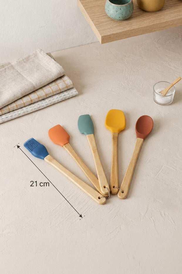 Set de 5 Ustensiles de Cuisine en Silicone avec Manches Bambou