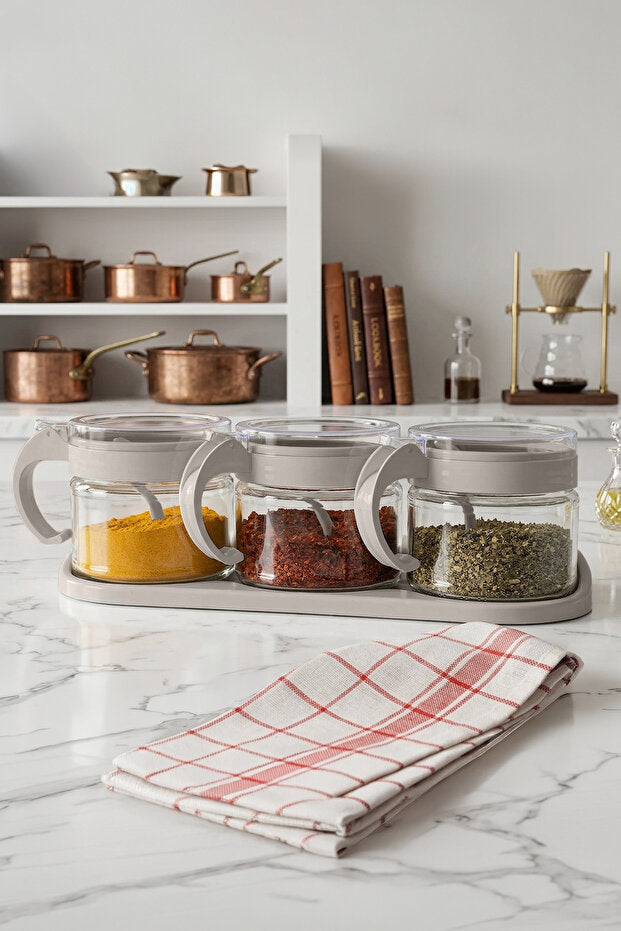 Lot de 3 Pots à Épices en Verre 300 ml avec Support et Cuillères