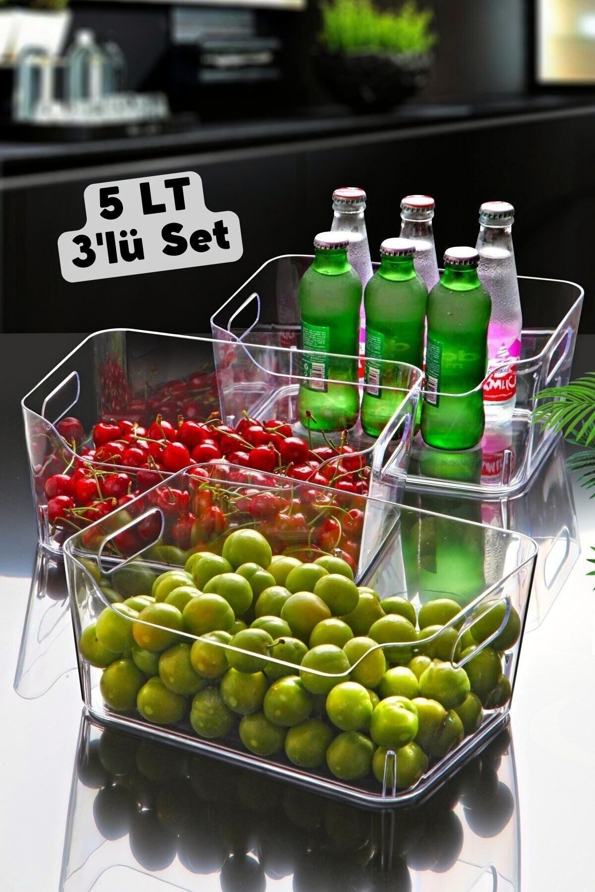 5 Lt Clear Buzdolabı & Dolap Içi Düzenleyici Organizer 3 Adet 27x19x11,5 Cm JHome