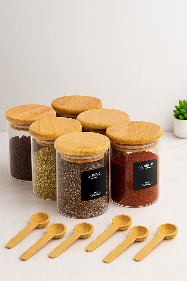 Set de 6 Pots à Épices en Verre Borosilicate avec Couvercles en Bambou et Cuillères