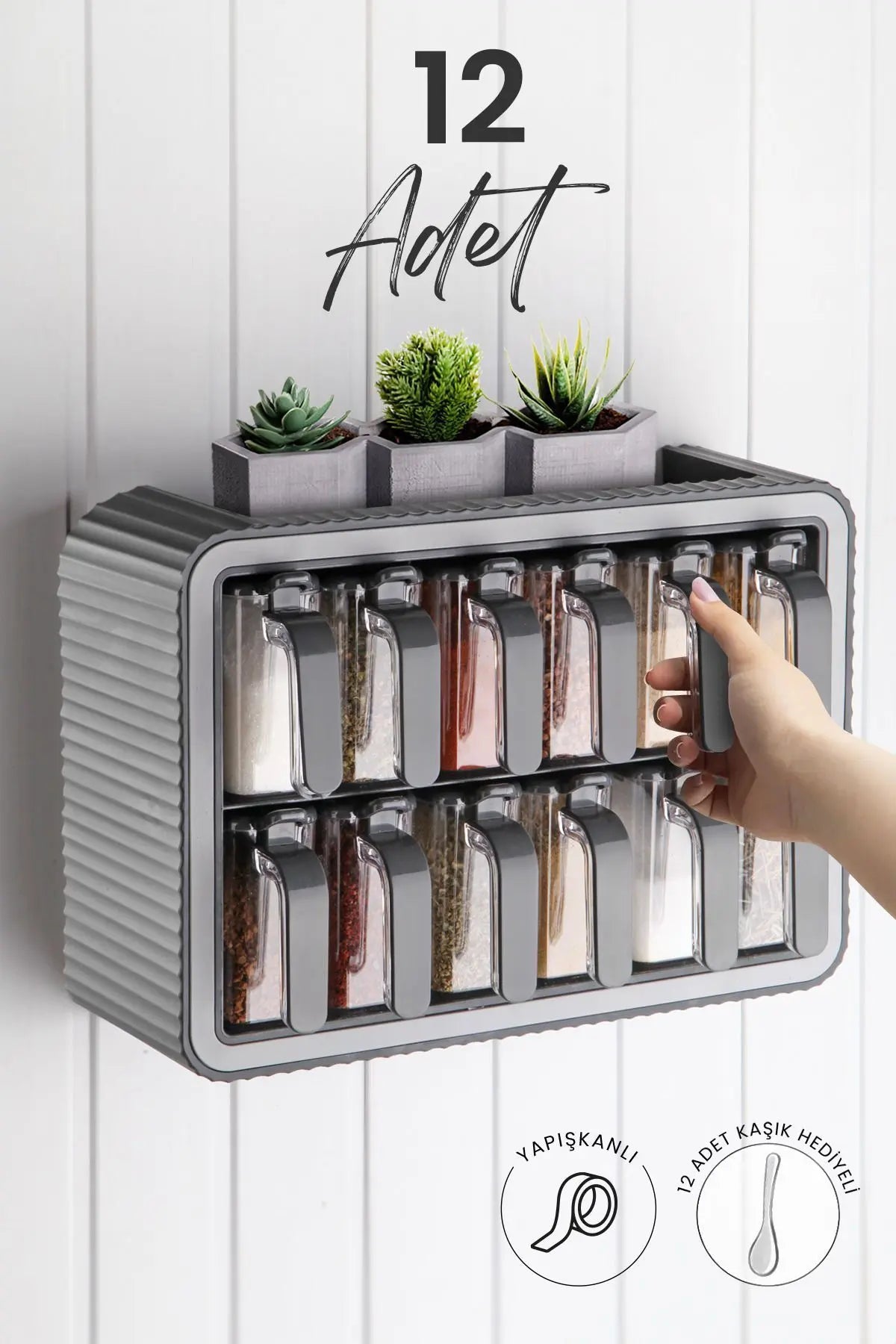 12 Li Standlı Kendinden Yapışkanlı Kapaklı Kaşıklı Baharatlık Takımı - Kulplu Etiketli Baharatlık - Justyol