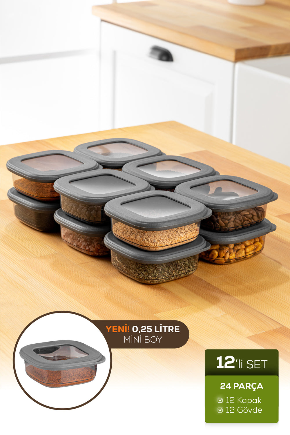 Lot de 12 boîtes de conservation alimentaires transparentes avec couvercle anthracite – 0,25 L