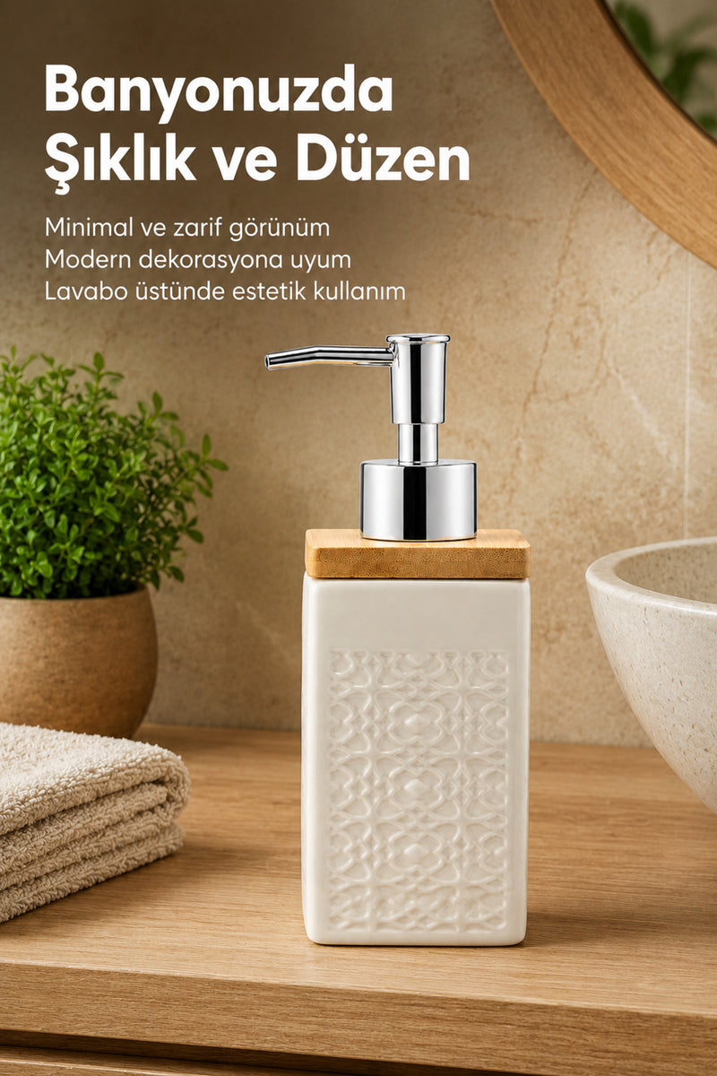 Distributeur de Savon Liquide en Porcelaine 400 ml avec Couvercle en Bambou