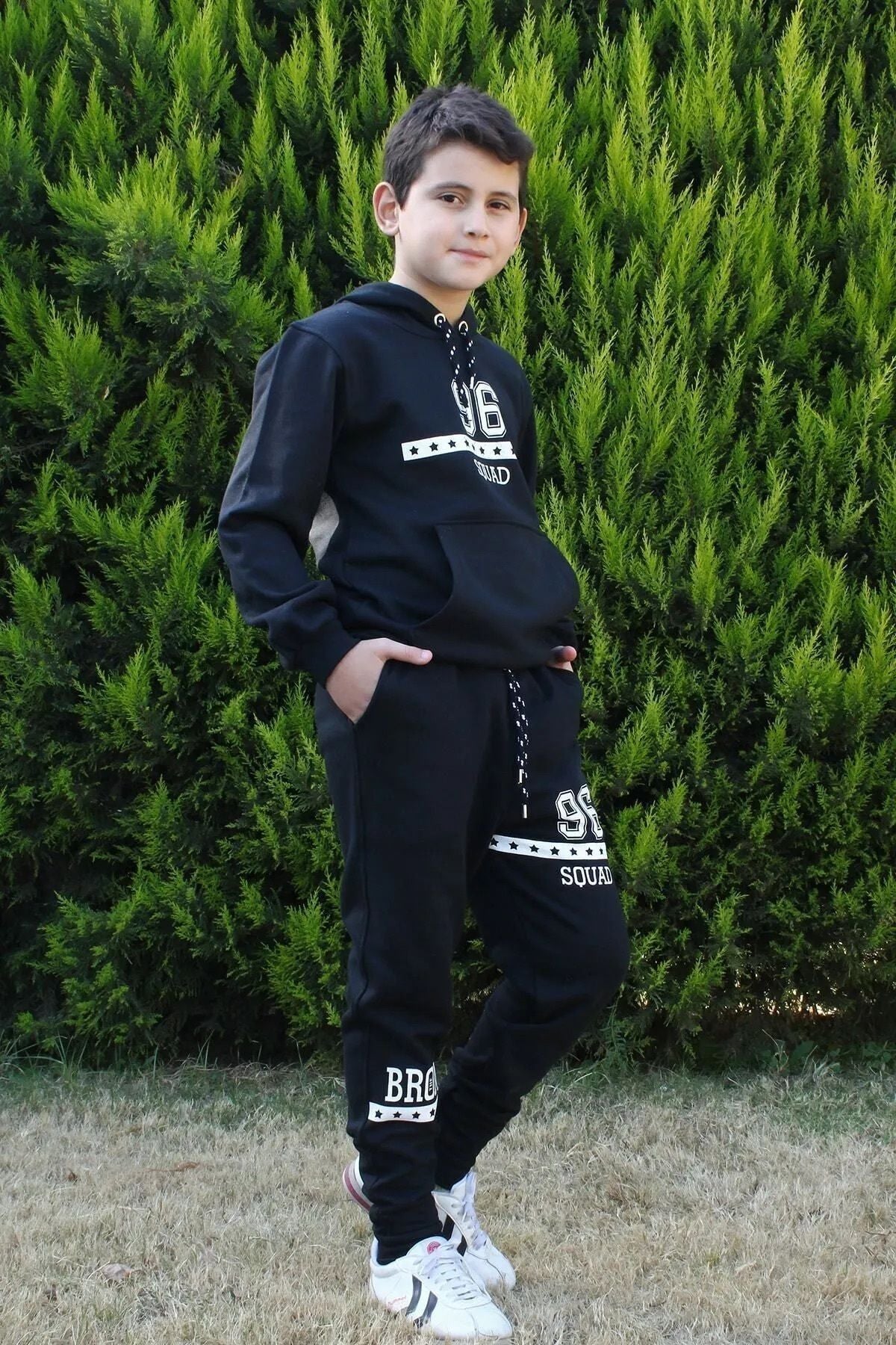 FYK KİDS 96 Text Printed Kangaroo Pocket Hooded Boy's Tracksuit Set