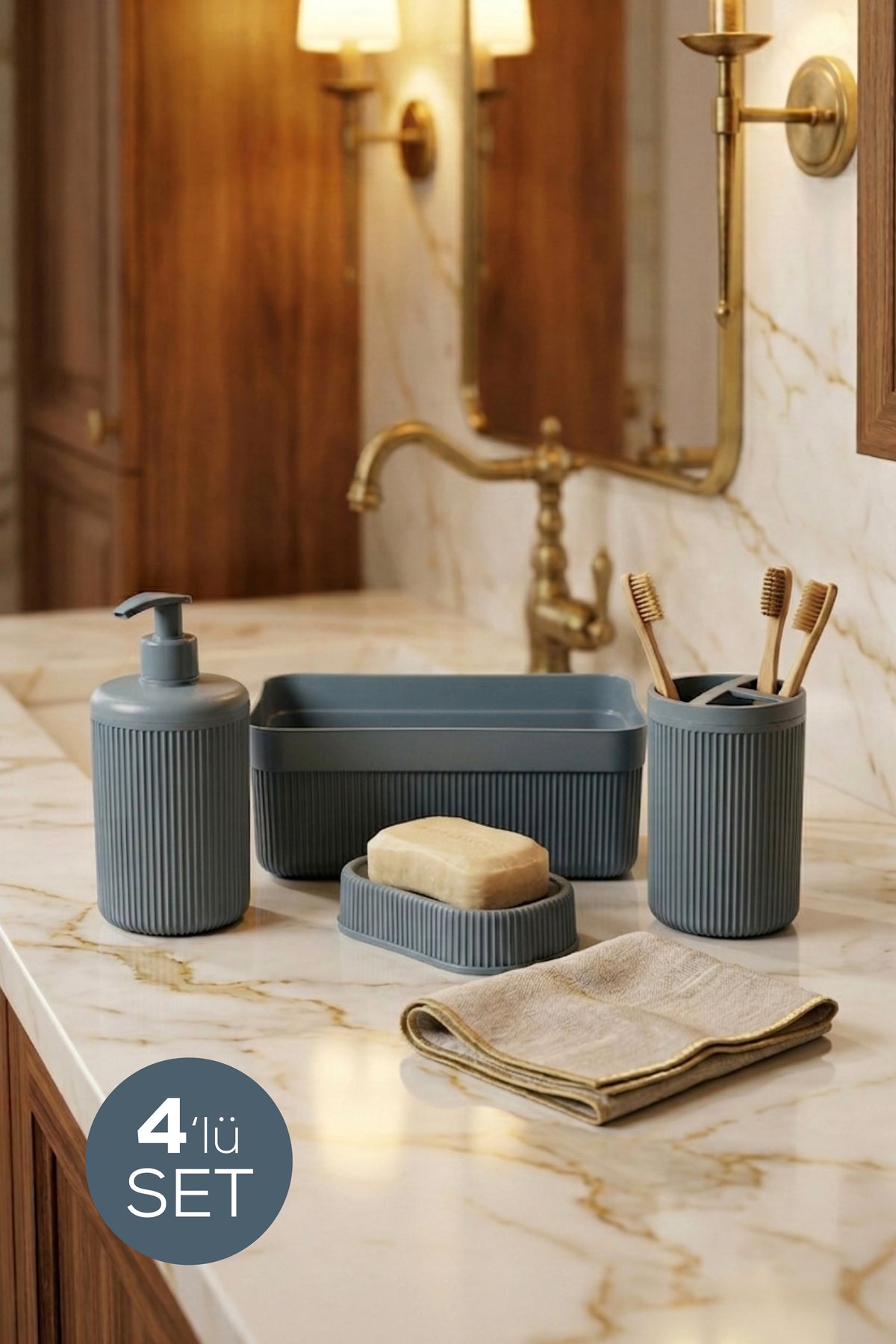 Set de Salle de Bain 4 Pièces avec Distributeur de Savon 550 ml et Organisateur