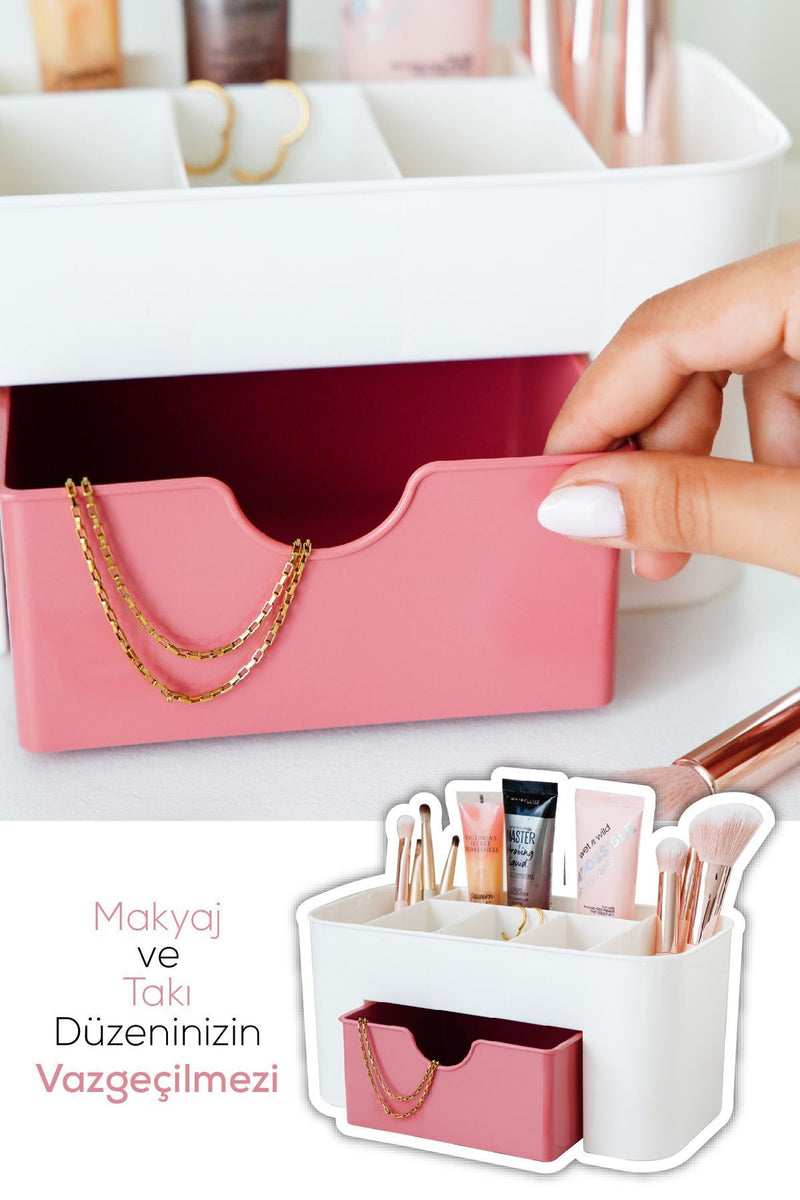 Organisateur maquillage et bijoux 7 compartiments avec tiroir rose