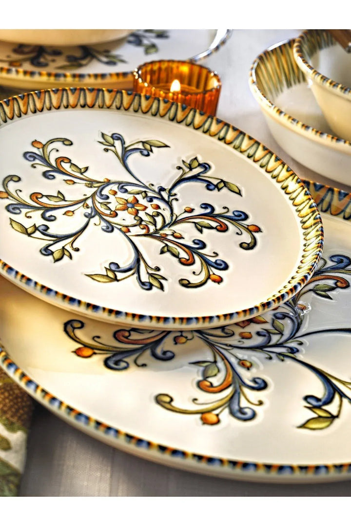 Service de table en porcelaine New Bone « Baroque Printemps » 24 pièces pour 6 personnes – Assiettes, bols à soupe et plats de service