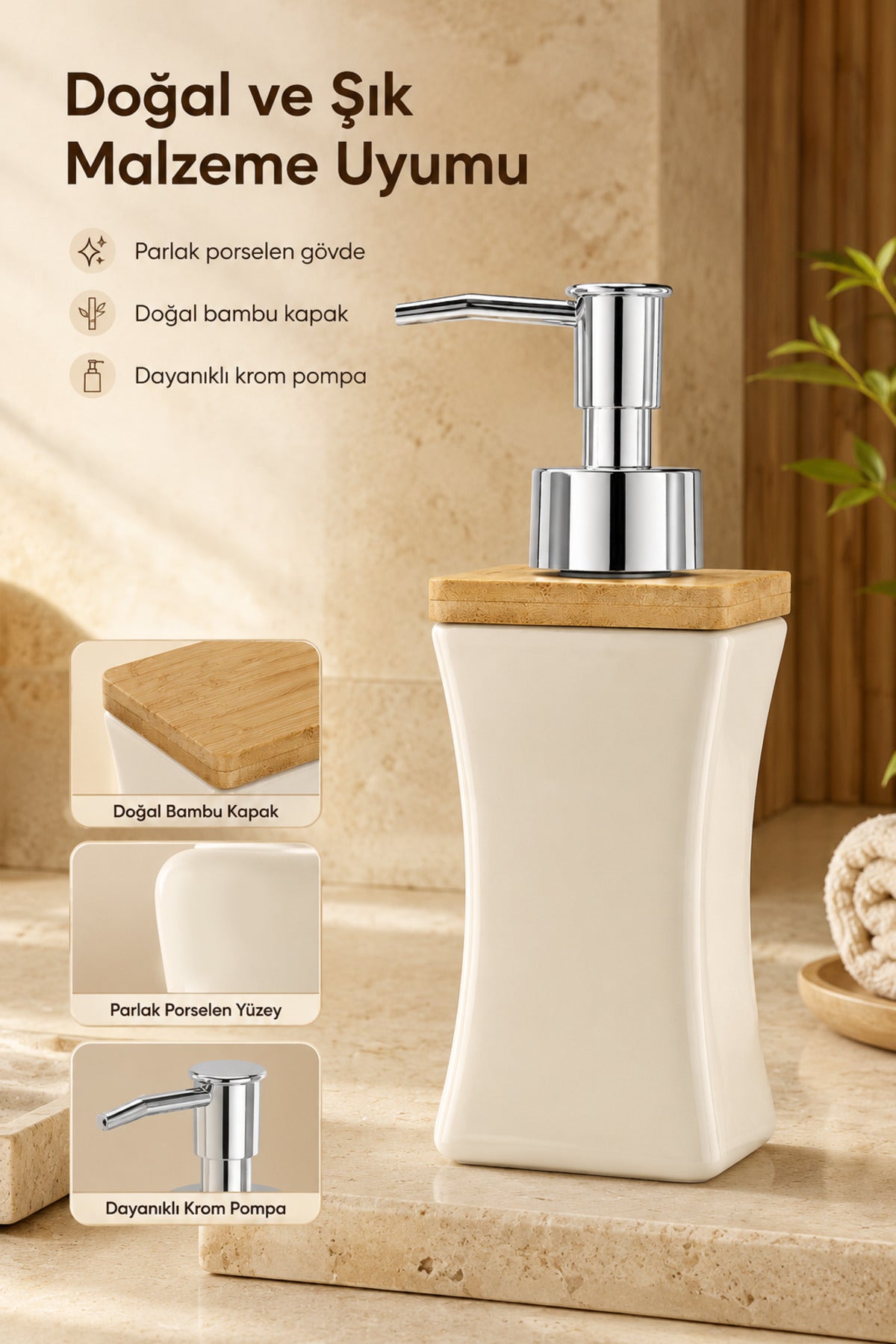 Distributeur de Savon Liquide en Porcelaine 280 ml avec Couvercle en Bambou