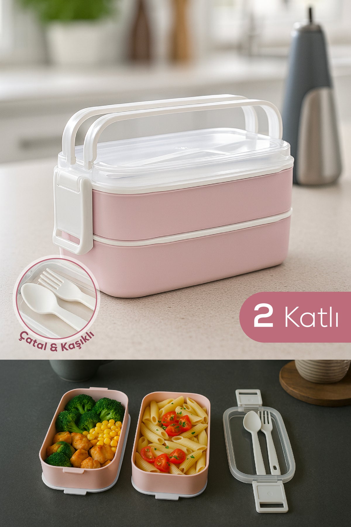 Boîte Repas 2 Étages avec Couverts – Lunch Box Hermétique Réutilisable